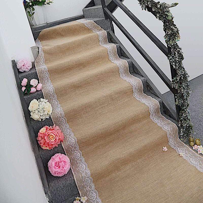 30 ft Natural Burlap Aisle Runner with Floral Lace - Light Brown and White RUNER_JUTE01_NAT_40