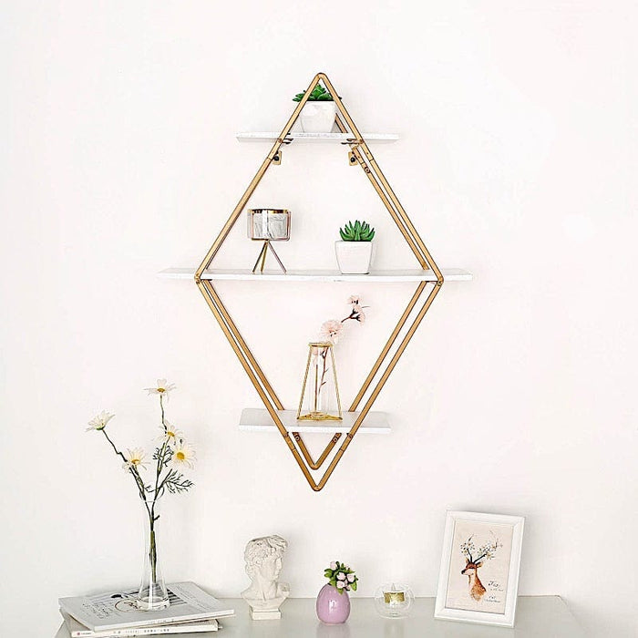 31" Diamond 3 Tier Metal with Wood Geometric Hanging Shelf - White and Gold WOD_HOPSHLF_DIA01_GOLD