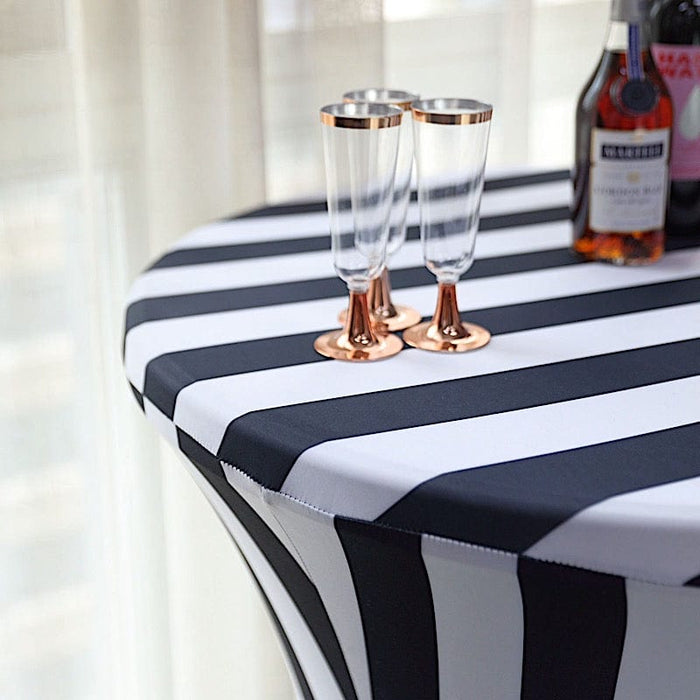 32" Cocktail Table Cover Striped Premium Fitted Spandex Tablecloth - Black and White TAB_COCK15_BLK