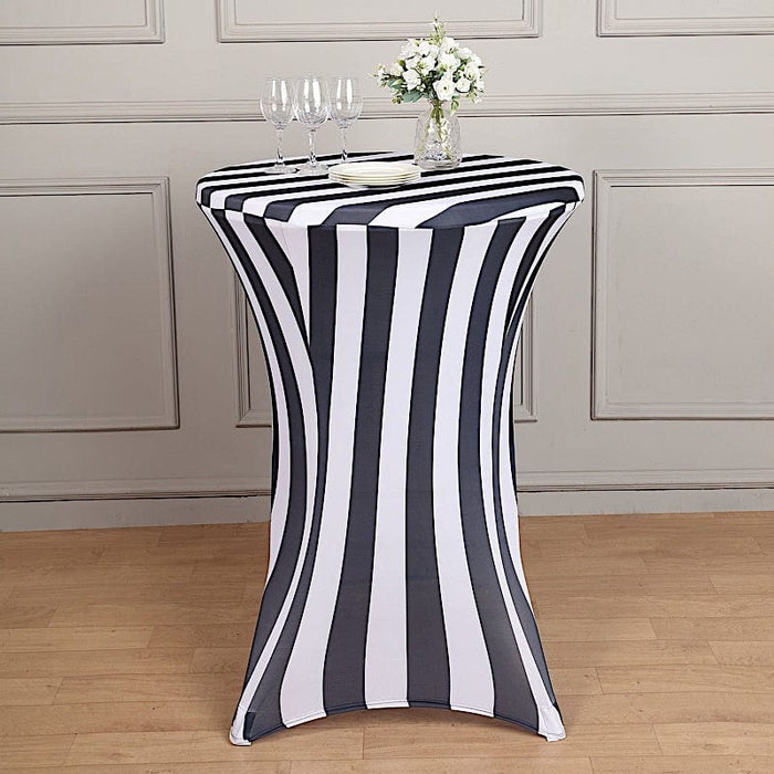 32" Cocktail Table Cover Striped Premium Fitted Spandex Tablecloth - Black and White TAB_COCK15_BLK
