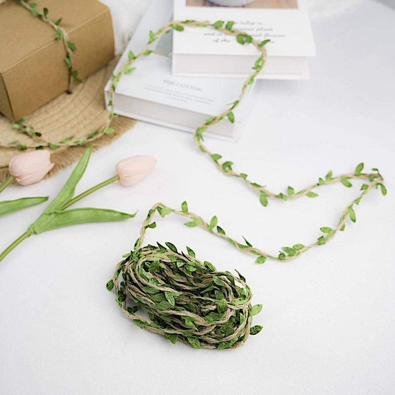 32 ft Natural Jute Twine Ribbon with Artificial Leaves - Green and Brown RIB_LEAF_002_32_NAT