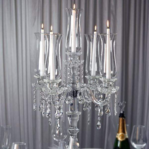 32" tall 5 Arm Crystal Glass Candelabra Hurricane Taper Candle Holder - Clear CHDLR_GLAS_019