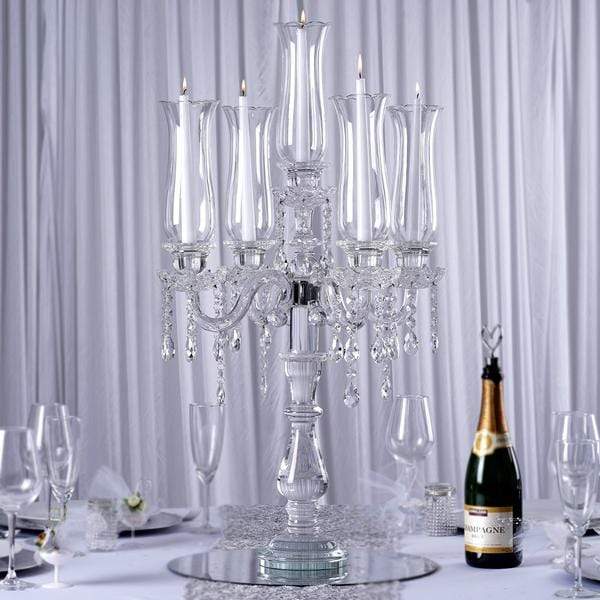 32" tall 5 Arm Crystal Glass Candelabra Hurricane Taper Candle Holder - Clear CHDLR_GLAS_019