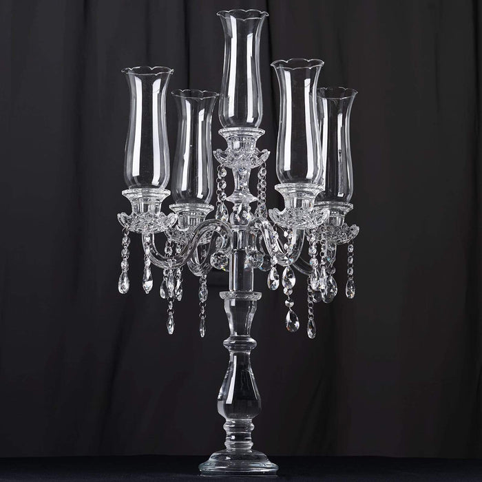32" tall 5 Arm Crystal Glass Candelabra Hurricane Taper Candle Holder - Clear CHDLR_GLAS_019
