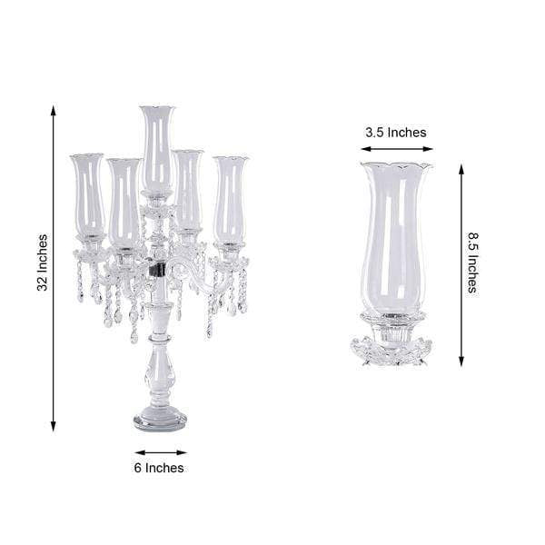 32" tall 5 Arm Crystal Glass Candelabra Hurricane Taper Candle Holder - Clear CHDLR_GLAS_019