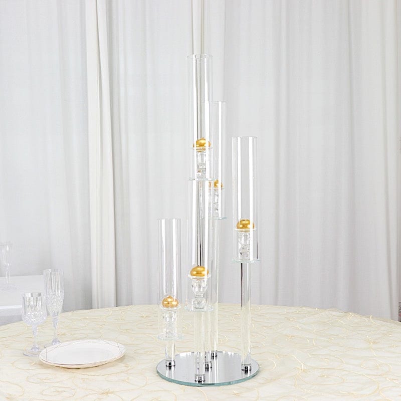 32" tall 5 Arm Crystal Glass Round Candelabra Taper Candle Holder - Clear CHDLR_CAND_030R_5_CLR