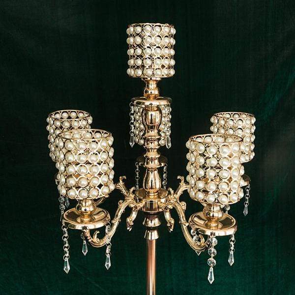 36" or 56" tall Candelabra Centerpiece Candle Holder with Pearl Beads - Gold CHDLR_CAND_018_GDPRL