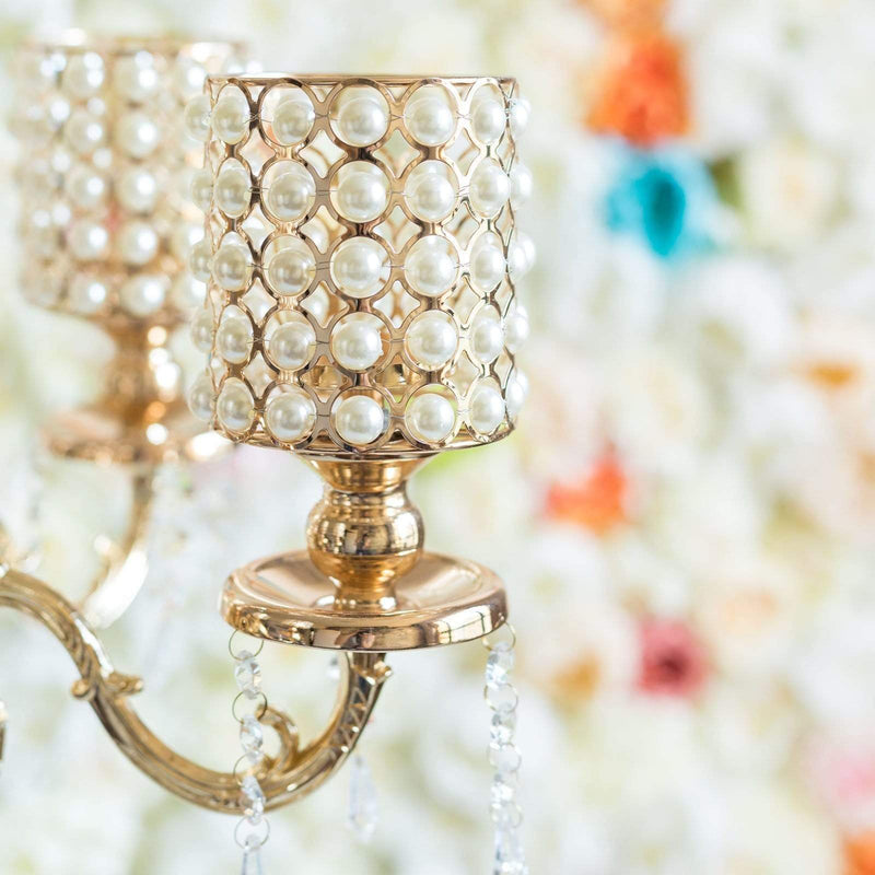36" or 56" tall Candelabra Centerpiece Candle Holder with Pearl Beads - Gold CHDLR_CAND_018_GDPRL