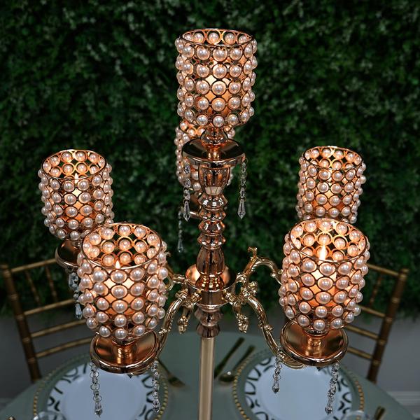 36" or 56" tall Candelabra Centerpiece Candle Holder with Pearl Beads - Gold CHDLR_CAND_018_GDPRL
