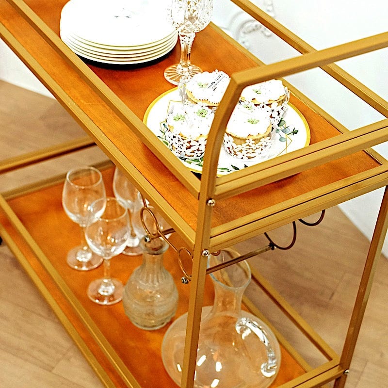 3ft tall 2-Tier Rectangular Metal Bar Cart with Wooden Serving Trays - Gold FURN_CART_003_GOLD