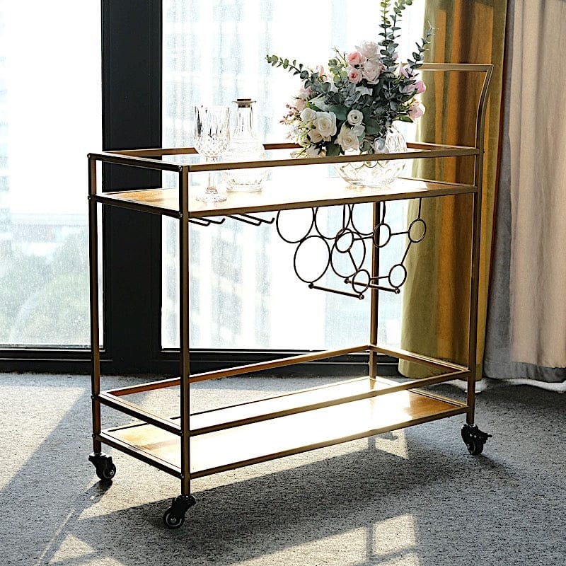 3ft tall 2-Tier Rectangular Metal Bar Cart with Wooden Serving Trays - Gold FURN_CART_003_GOLD