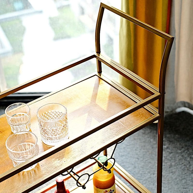 3ft tall 2-Tier Rectangular Metal Bar Cart with Wooden Serving Trays - Gold FURN_CART_003_GOLD