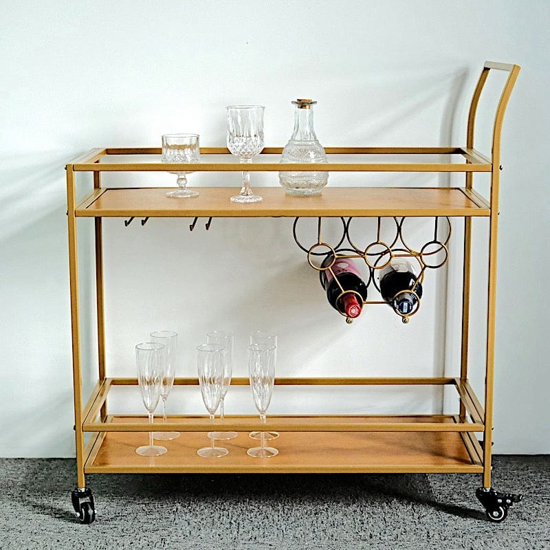 3ft tall 2-Tier Rectangular Metal Bar Cart with Wooden Serving Trays - Gold FURN_CART_003_GOLD