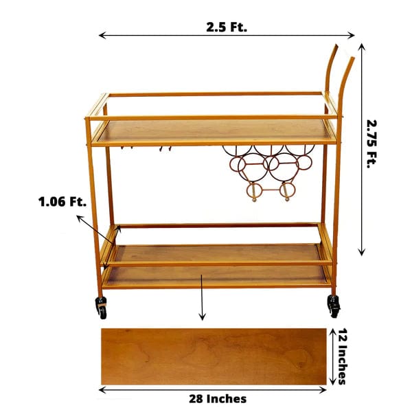 3ft tall 2-Tier Rectangular Metal Bar Cart with Wooden Serving Trays - Gold FURN_CART_003_GOLD