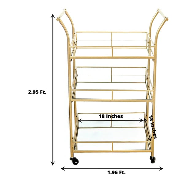 3ft tall 3-Tier Rectangular Metal Bar Cart with Mirror Glass Serving Trays - Gold FURN_CART_002_GOLD