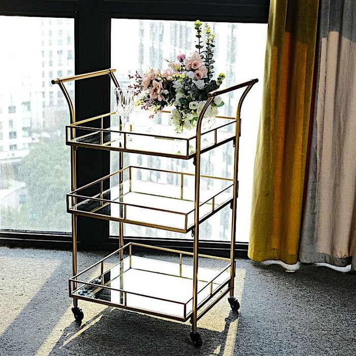 3ft tall 3-Tier Rectangular Metal Bar Cart with Mirror Glass Serving Trays - Gold FURN_CART_002_GOLD