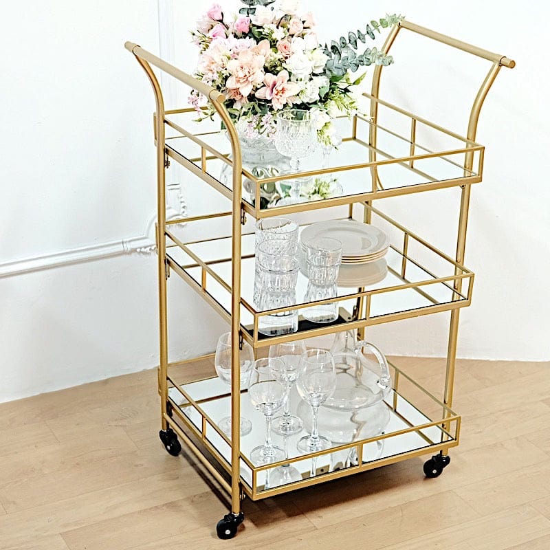 3ft tall 3-Tier Rectangular Metal Bar Cart with Mirror Glass Serving Trays - Gold FURN_CART_002_GOLD