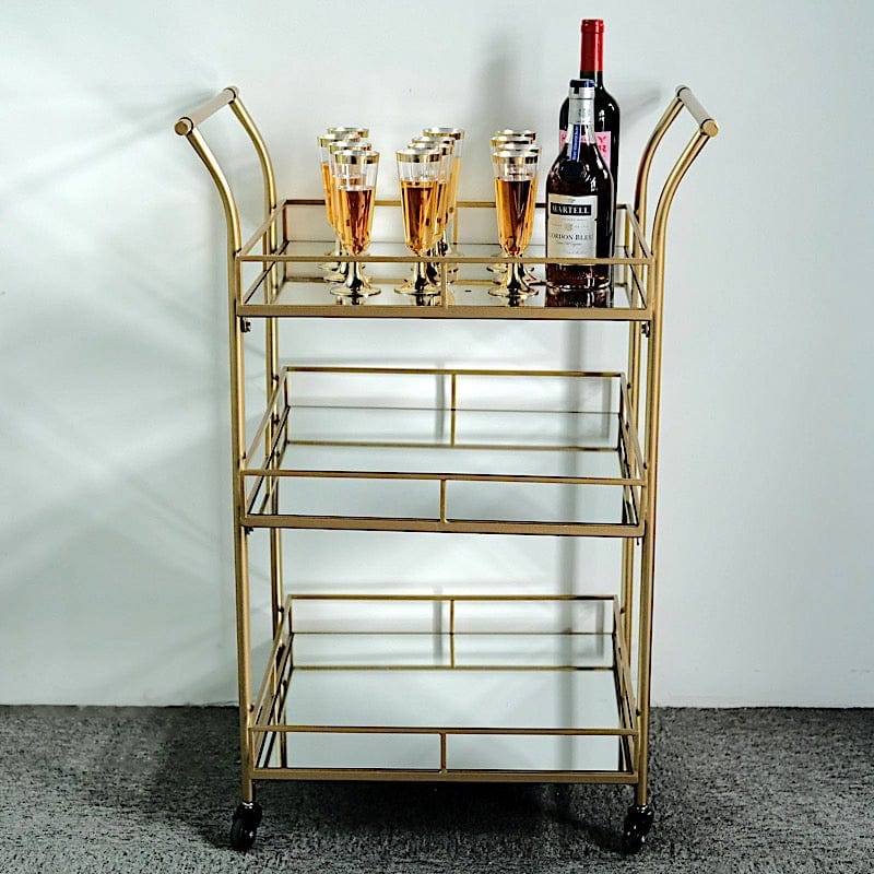 3ft tall 3-Tier Rectangular Metal Bar Cart with Mirror Glass Serving Trays - Gold FURN_CART_002_GOLD