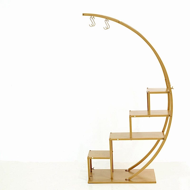 moon plant hanger Balsacircle 4.5 feet Gold 4 Tier Metal Display Stand Half Moon Ladder Plant Shelf Rack Party