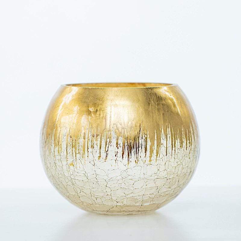 4.5" tall Round Crackle Glass Candle Holder Vase - Gold VASE_A68_6_GOLD