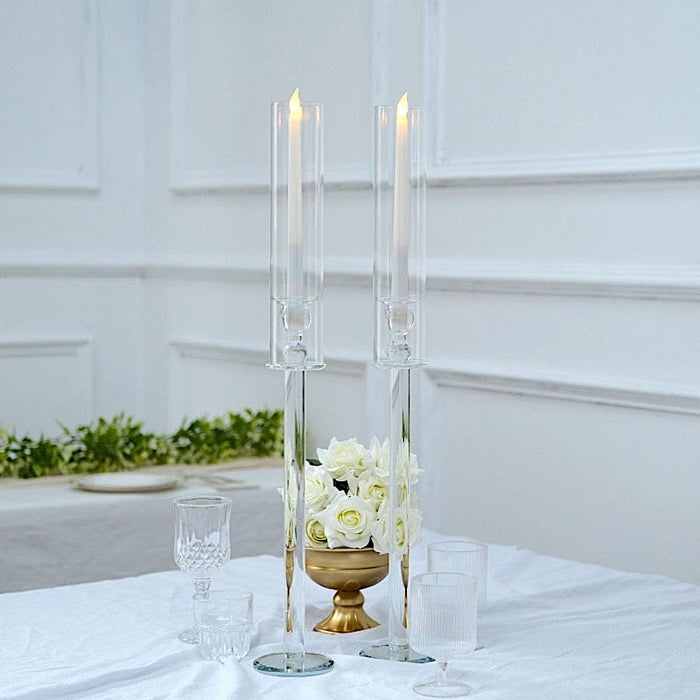 4 Crystal Hurricane Taper Candle Holders with Cylinder Glass Shades - Clear CHDLR_GLAS_041_SET_CLR