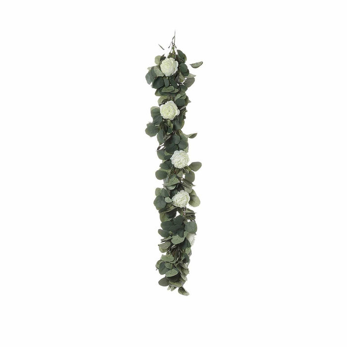 4 ft long Artificial Eucalyptus Foliage Garlands with Silk Ranunculus Flowers - Frosted Green ARTI_GLND_GRN003