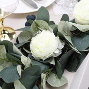 4 ft long Artificial Eucalyptus Foliage Garlands with Silk Ranunculus Flowers - Frosted Green ARTI_GLND_GRN003