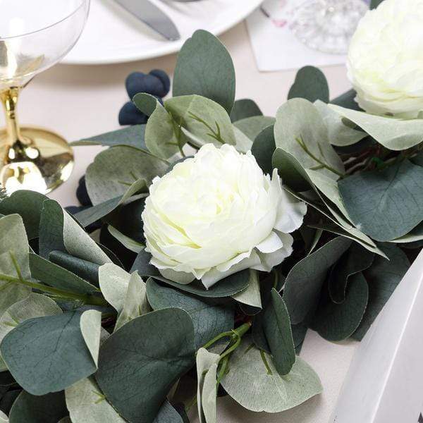 4 ft long Artificial Eucalyptus Foliage Garlands with Silk Ranunculus Flowers - Frosted Green ARTI_GLND_GRN003
