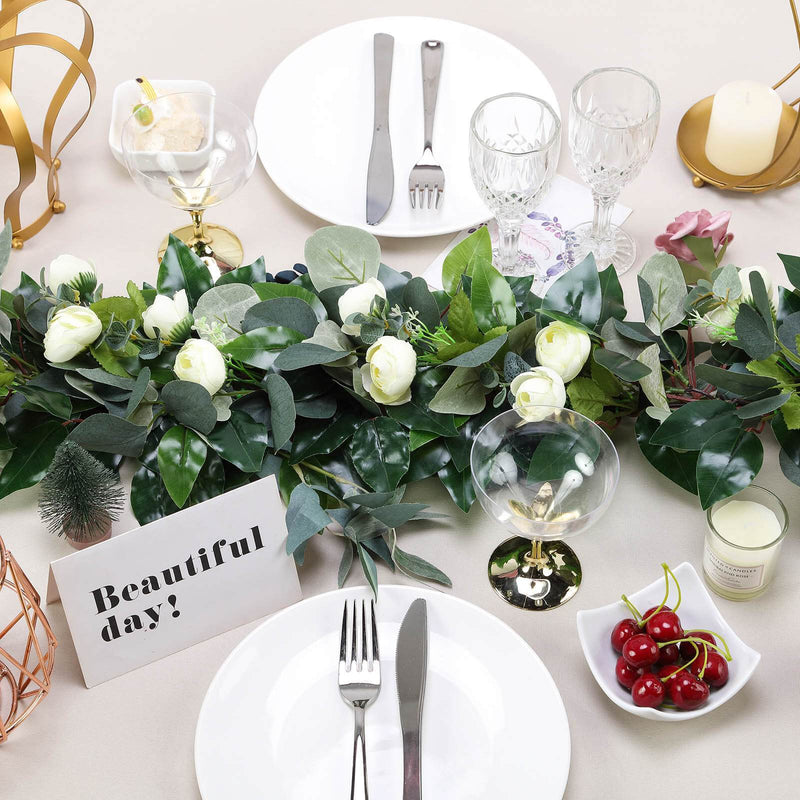 4 ft long Artificial Eucalyptus Willow Foliage Garlands with Silk Ranunculus Flowers - Green ARTI_GLND_GRN005