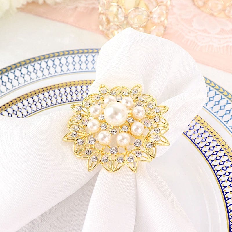 4 Metal Flower Napkin Rings with Faux Pearls and Rhinestones