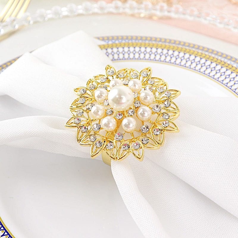 4 Metal Flower Napkin Rings with Faux Pearls and Rhinestones