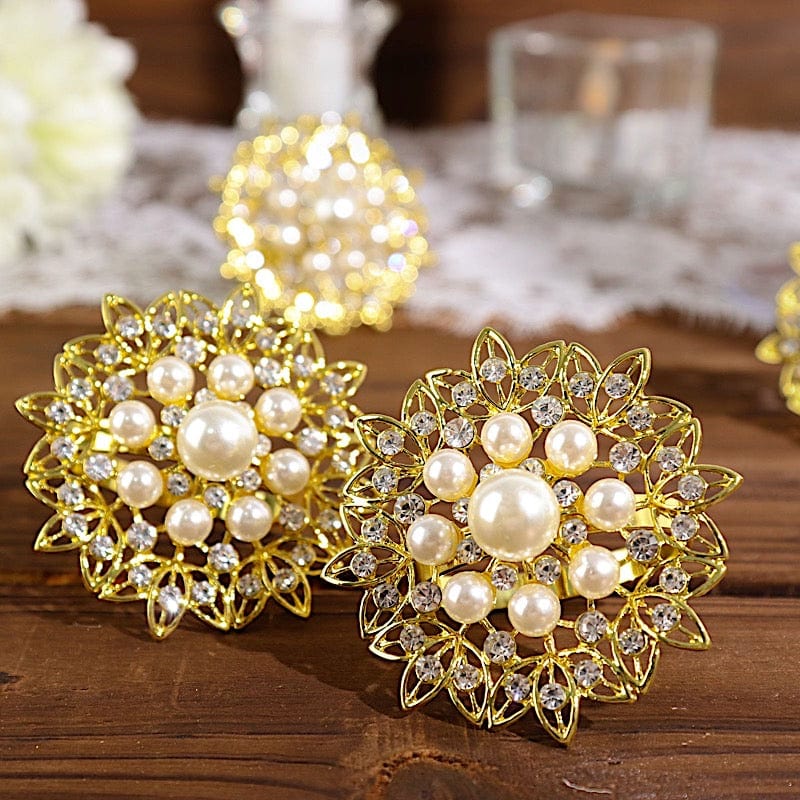 4 Metal Flower Napkin Rings with Faux Pearls and Rhinestones