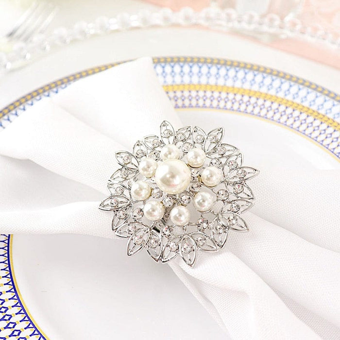 4 Metal Flower Napkin Rings with Faux Pearls and Rhinestones Silver