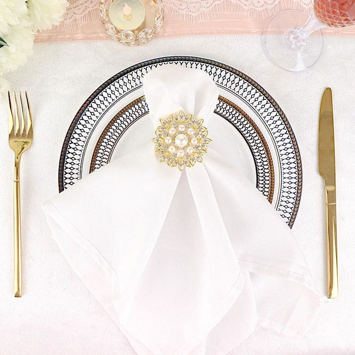 4 Round Metal Napkin Rings with Faux Pearls and Rhinestones - Silver