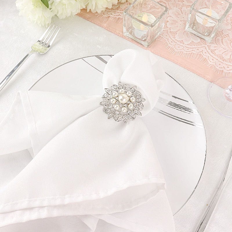 4 Metal Flower Napkin Rings with Faux Pearls and Rhinestones