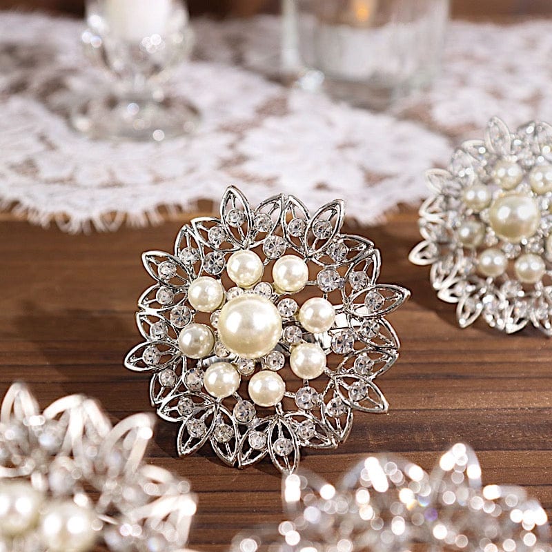 4 Metal Flower Napkin Rings with Faux Pearls and Rhinestones