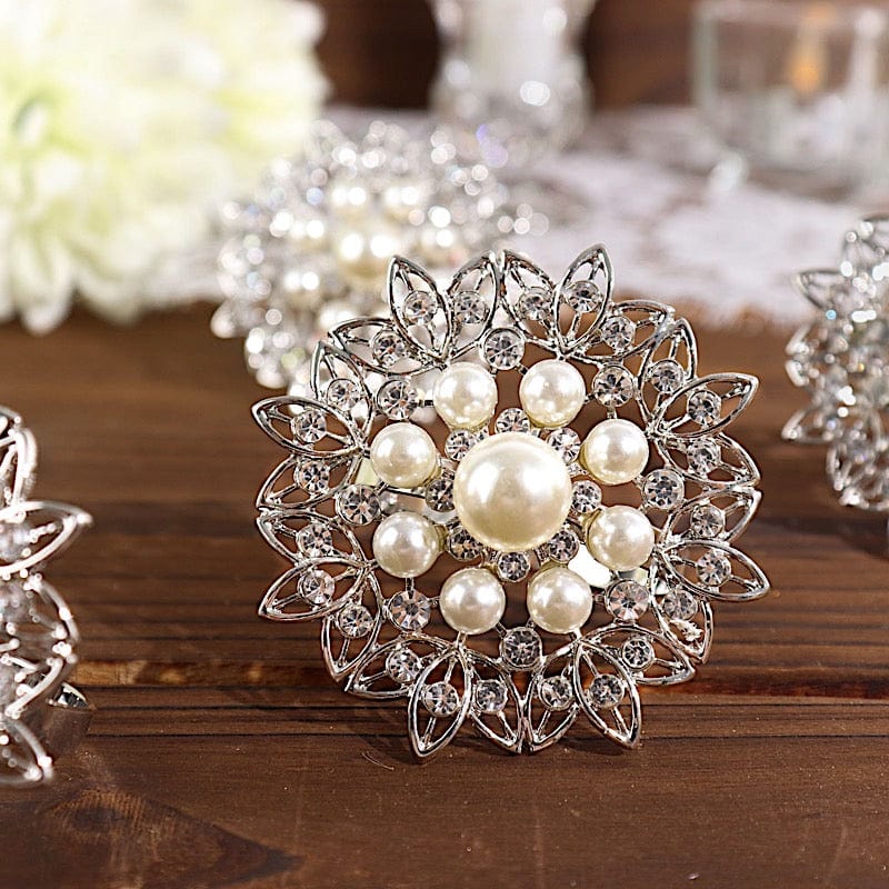 4 Metal Flower Napkin Rings with Faux Pearls and Rhinestones