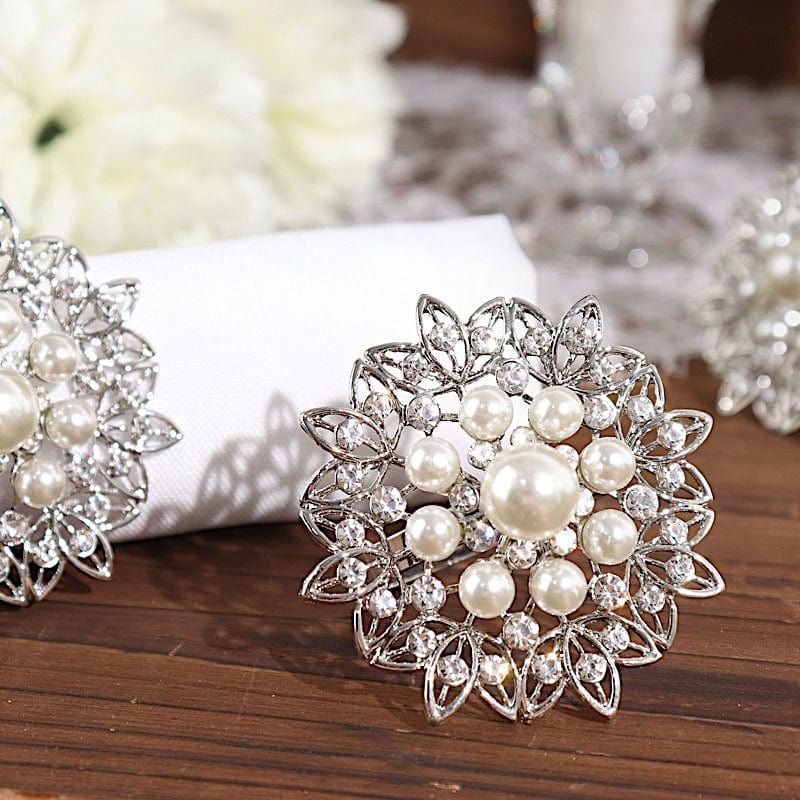 4 Metal Flower Napkin Rings with Faux Pearls and Rhinestones