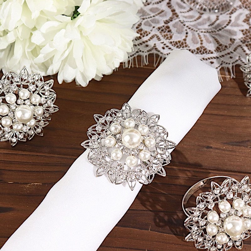 4 Metal Flower Napkin Rings with Faux Pearls and Rhinestones