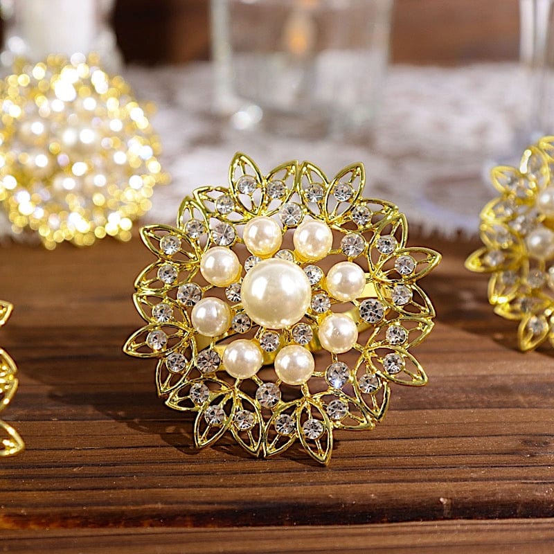 4 Metal Flower Napkin Rings with Faux Pearls and Rhinestones