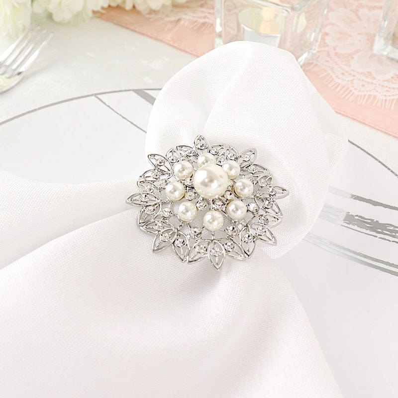 4 Metal Flower Napkin Rings with Faux Pearls and Rhinestones