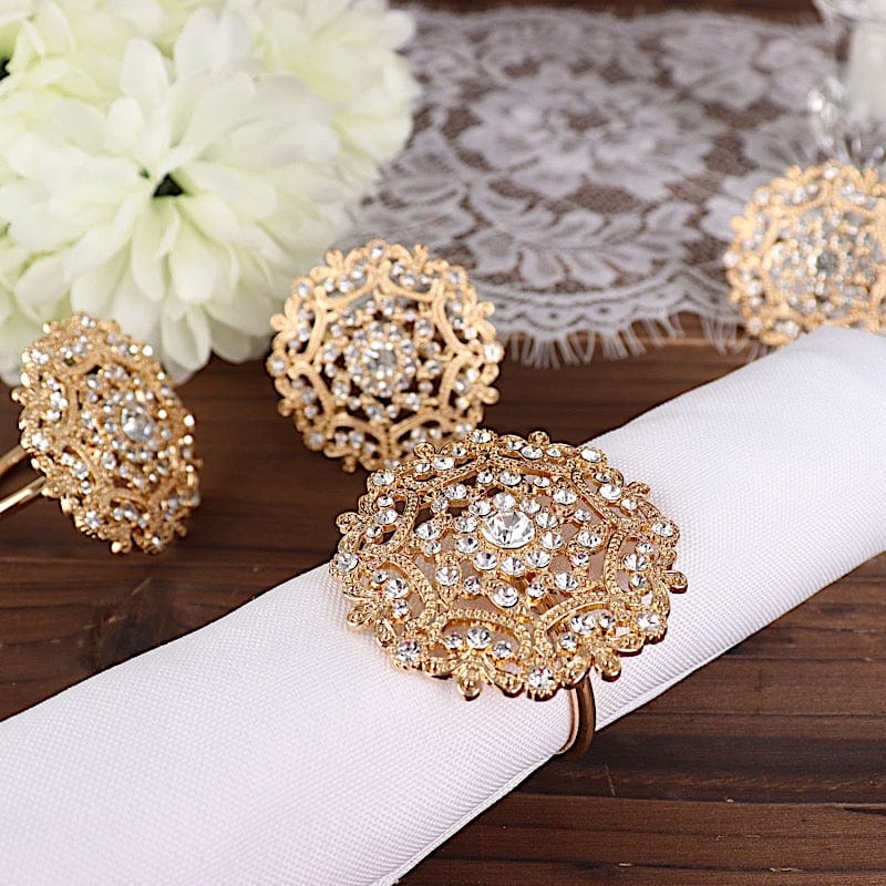 4 Metal Flower Napkin Rings with Rhinestones