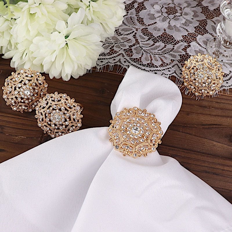 4 Metal Flower Napkin Rings with Rhinestones