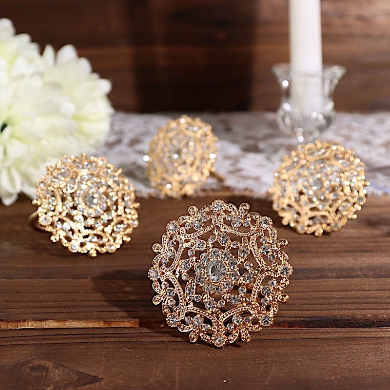 4 Metal Flower Napkin Rings with Rhinestones