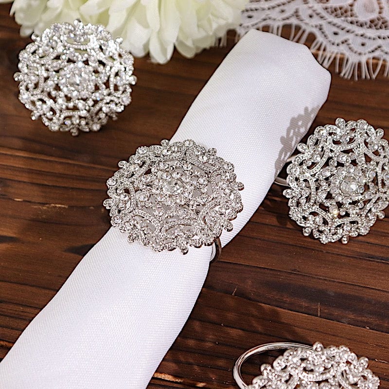 4 Metal Flower Napkin Rings with Rhinestones