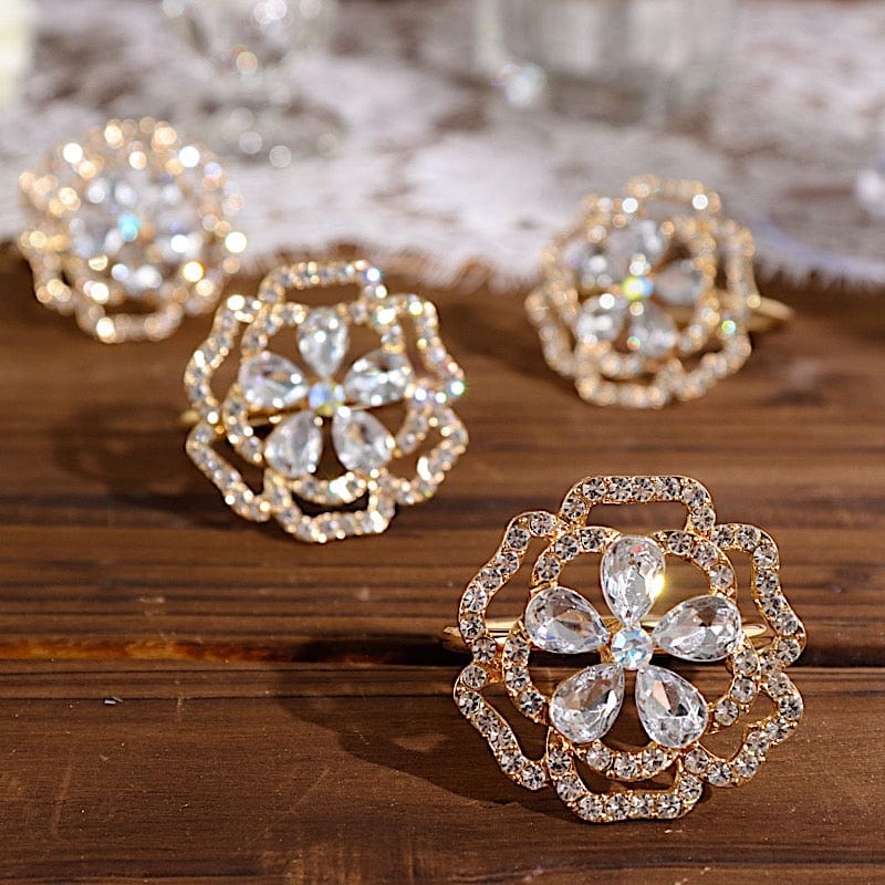 4 Metal Rose Flower Napkin Rings with Rhinestones - Gold NAP_RING33_GOLD