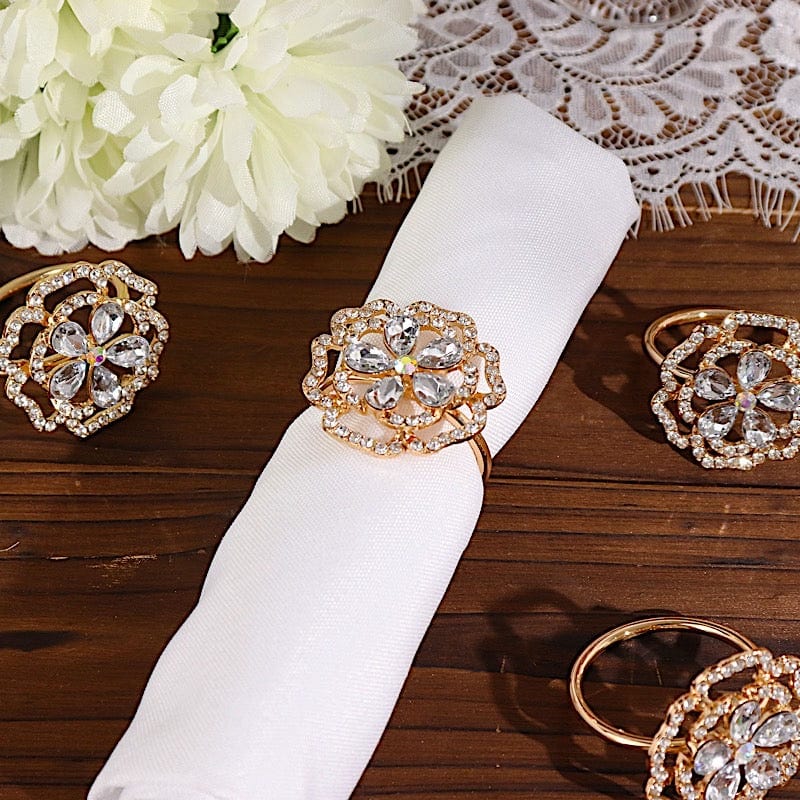 4 Metal Rose Flower Napkin Rings with Rhinestones - Gold NAP_RING33_GOLD