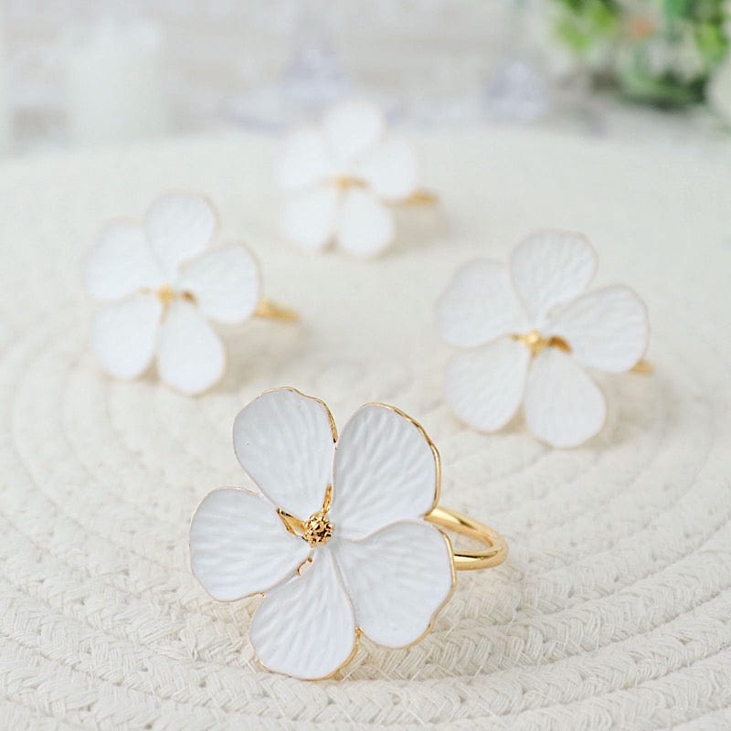 4 Metallic Napkin Rings with Flower Design - Gold and White NAP_RING27_WHTGD