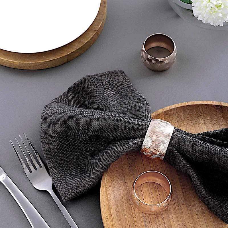 4 Metallic Napkin Rings with Geometric Engraved Design