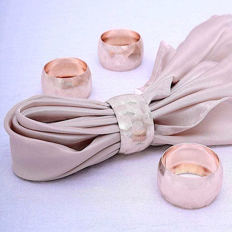 4 Metallic Napkin Rings with Geometric Engraved Design
